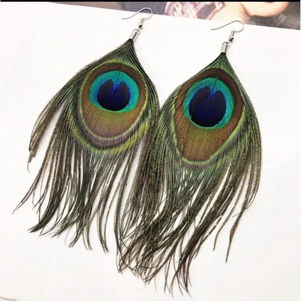Boho Natural Delicate Peacock Festival Feather Dangle Drop Hook Earrings A0105 - Picture 4 of 15